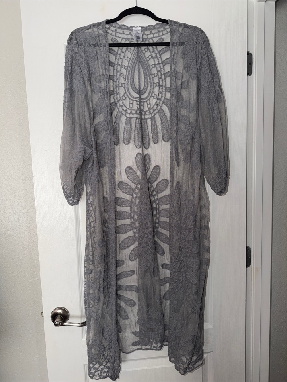 Sheer Gray Embroidered Long Kimono Duster
